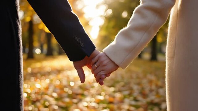 Couple Holding Hands on a Romantic Autumn Day Valentine Outdoors with Leaves Around, Captured in a Heartfelt Moment
