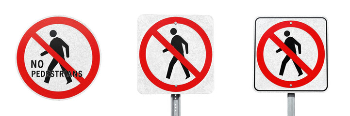 No Pedestrians traffic sign board, walking person icon with red slash, isolated on white background