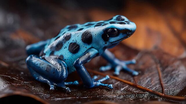 Exotic Blue Poison Dart Frog with Black Spots on a Humid Jungle Leaf.