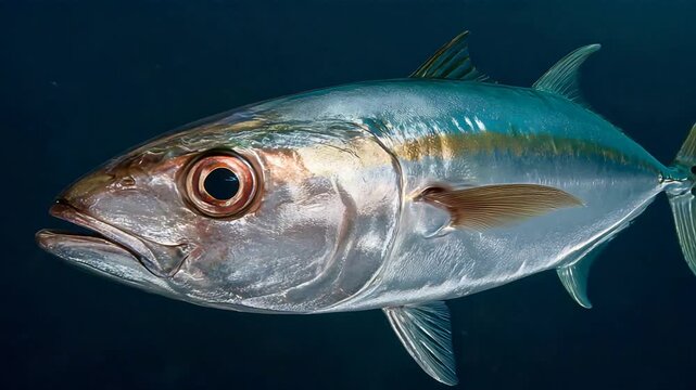 Close up of a vibrant silver fish with golden stripe swimming gracefully underwater.