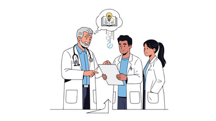 Illustration of a doctor and two medical colleagues discussing a patient's chart with a lightbulb thought bubble above their heads, symbolizing a healthcare idea, in a simple line drawing