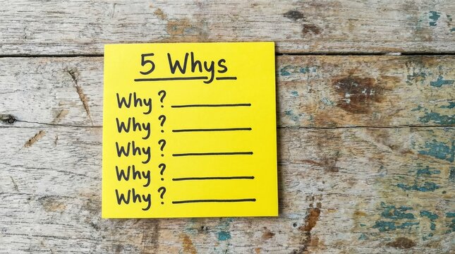 Yellow sticky note 5 Whys problem solving method on rustic wood natural light shows analytical business proces