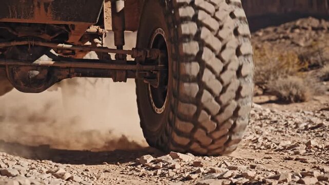 A close-up view of a large, rugged tire churning up dust while driving on a rocky desert track