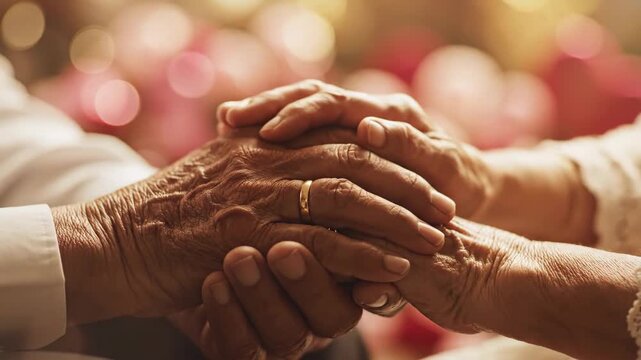 A cinematic shot of hands holding each other on Valentine's day, a gesture of love and affection