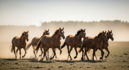 Fototapeta premium Herd of running horses in a dusty field under warm sunlight