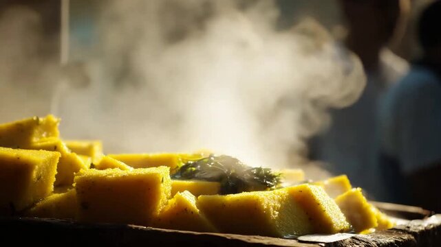 Delicious hot yellow polenta pieces steaming with herbs, prepared at a vibrant street market.