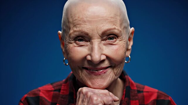 Elderly woman with bald head in checkered shirt