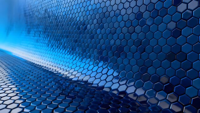 Abstract blue hexagonal pattern with gradient lighting and reflective surface