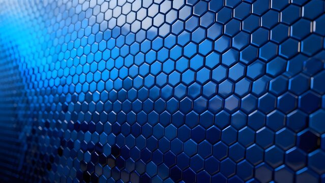 Blue hexagonal pattern with gradient lighting and reflective surface
