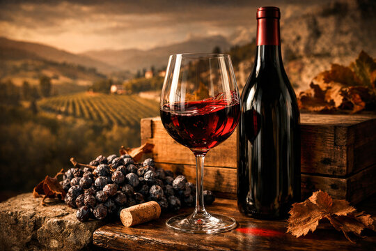 Ultra-realistic high-end advertising photography of a bottle and glass of Amarone della Valpolicella red wine set in Italian countryside environment. Deep ruby-red Amarone wine in a crystal glass