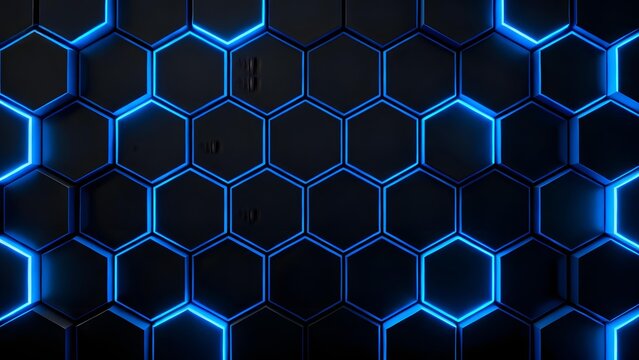 Neon blue hexagonal grid pattern on a dark background with glowing edges