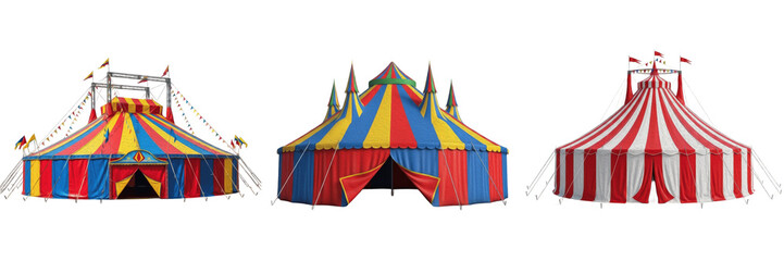 "Set of colorful circus tents with red, yellow, and blue stripes, carnival big top isolated on white" © Ganesha