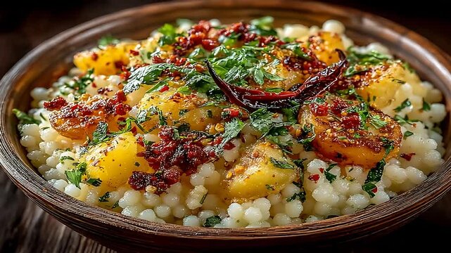 Close-up of Delicious Tapioca Pearl and Potato Salad Garnished with Fresh Herbs and Chili.