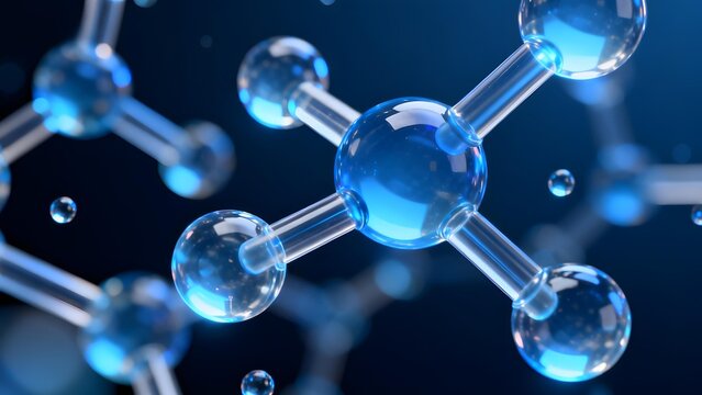 3D rendering of a molecular structure with blue spheres connected by transparent bonds, set against a dark background.
