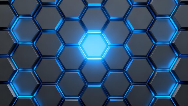 Hexagonal grid pattern with glowing blue edges and a central illuminated hexagon