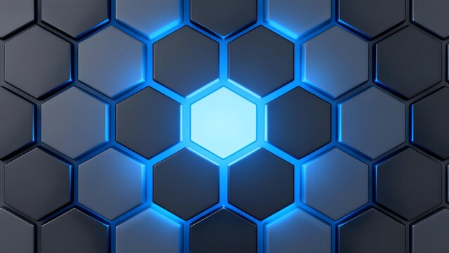 Hexagonal grid pattern with glowing blue center cell, dark metallic texture