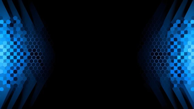 Abstract blue geometric pattern with hexagonal and pixelated elements on a dark background