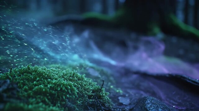 Mystical Forest Scene - Glowing Water and Lush Greenery in Natures Embrace.