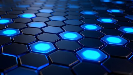Fototapeta premium Hexagonal grid with glowing blue lights on a dark surface