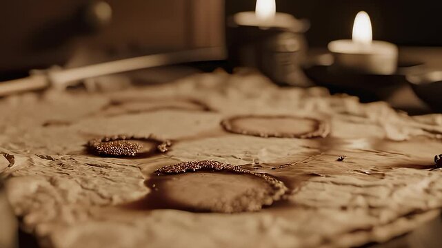 Liquid Spills on Old Parchment With Quill and Candles in Sepia Tone