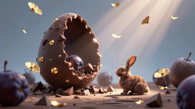 a cute brown rabbit with large ears standing next to a broken chocolate egg adorned with gold studs. The broken egg is on the left.