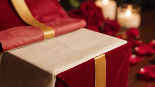 A romantic Valentine gift box with tissue paper being opened slowly, surrounded by candles and red rose petals