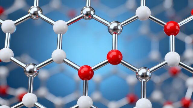 Molecular structure with hexagonal lattice pattern featuring red and white atoms connected by metallic bonds