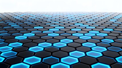 Naklejka premium A futuristic hexagonal grid with glowing blue lights on a dark surface, extending into the distance.