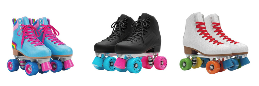 Collection of Retro Roller Skates in Various Colors on White Background