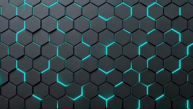Dark hexagonal grid pattern with glowing teal lines forming a futuristic technological surface