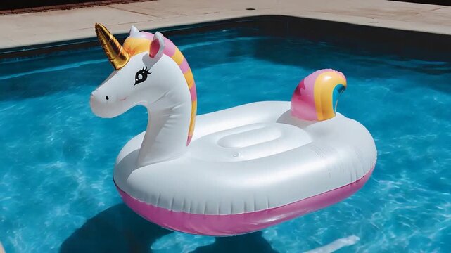 Large Inflatable Unicorn Pool Float Gently Drifting in Blue Swimming Pool Water on Sunny Day.