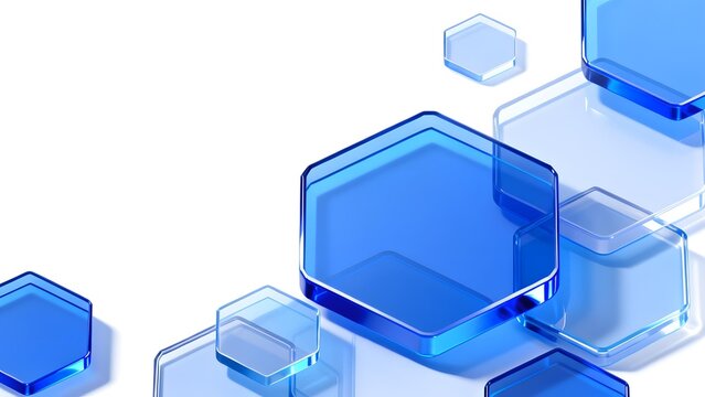 Abstract blue hexagonal glass shapes floating on a white background