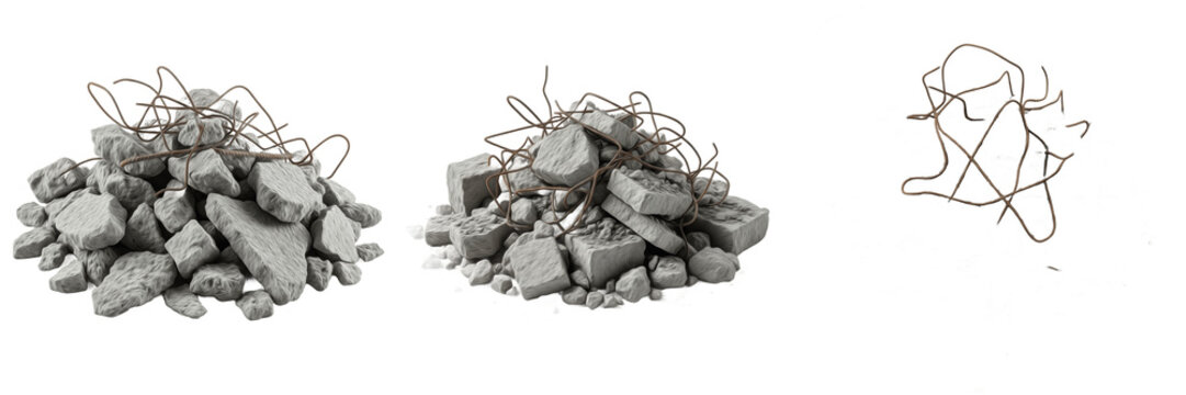 : Set of Three Industrial Debris Piles Featuring Broken Concrete Rubble and Twisted Steel Rebar Isolated on White Background