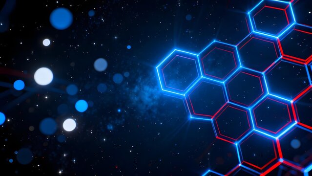 Abstract digital hexagonal network glowing in space with blue and red lines against a starry background