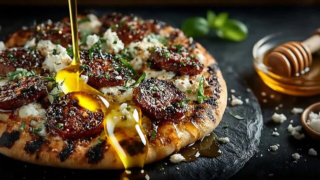 Close Up of Sweet Honey Drizzling Over Delicious Fig and Feta Pizza.