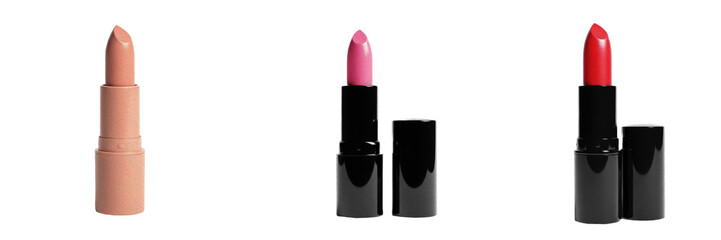 Obraz premium Set of Three Elegant Lipsticks in Nude, Pink, and Red Shades Isolated on White Background