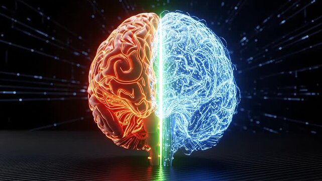 Brain hemispheres concept, glowing neural network