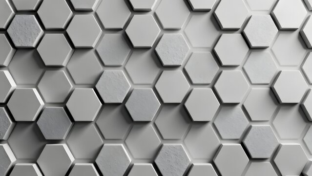 Geometric pattern of metallic hexagonal tiles in a repetitive, three-dimensional arrangement.