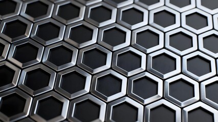 Fototapeta premium Close-up of a metallic hexagonal grid pattern with reflective surfaces