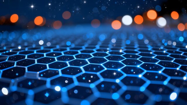 Hexagonal grid pattern with glowing blue lights and bokeh background