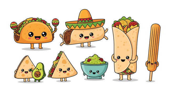 Cute Kawaii Mexican Food Characters Vector Illustration, Happy Taco, Burrito, Quesadilla, Guacamole, Churro, Nachos, Avocado, Festive Fiesta Design, Fun Food Art