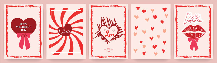 Set of five romantic Valentine&rsquo;s Day cards. hearts, love messages, red and pink color, template for banner, poster, ads, cover, label, sale, branding, background