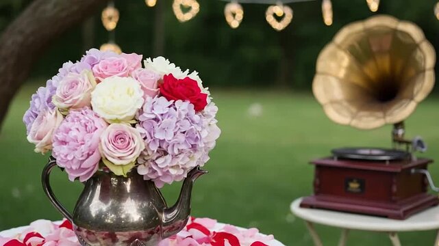 Beautiful bouquet of pink, white, and red roses and hydrangeas in a silver teapot next to a vintage gramophone in a charming outdoor setting.