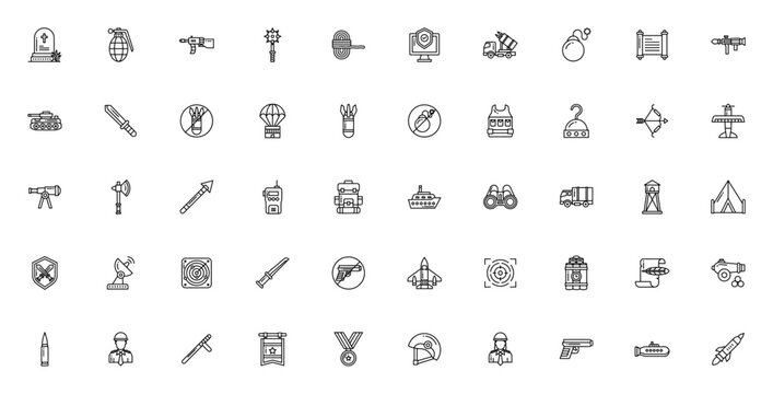 War icon set. Military vector icons pack. Includes symbols for tank, gun, bomb, sword, helmet, army, vehicle, rocket and more. Editable stroke.