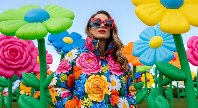 Stylish young woman wearing a vibrant floral print puffer jacket poses confidently among gigantic colorful inflatable flowers under a bright sky