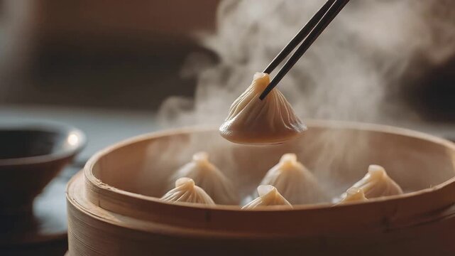 Delicious Steaming Soup Dumplings Lifted by Chopsticks from a Traditional Bamboo Steamer.