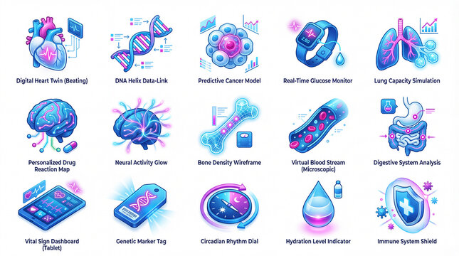 Isometric 3D icons set for Personalized Healthcare Twin, PHT, digital patient modeling, predictive diagnostics and telemedicine