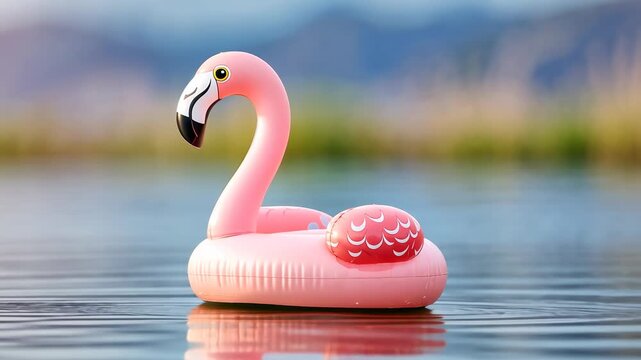 Pink flamingo float drifting on serene lake at sunset with tranquil mountain backdrop