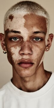 Powerful Studio Portrait of a Young Man with Vitiligo and Bleached Hair