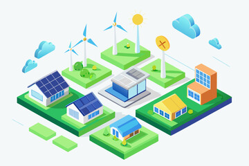 Obraz premium Colorful 3 D isometric of ecofriendly neighborhood with renewable energy sources